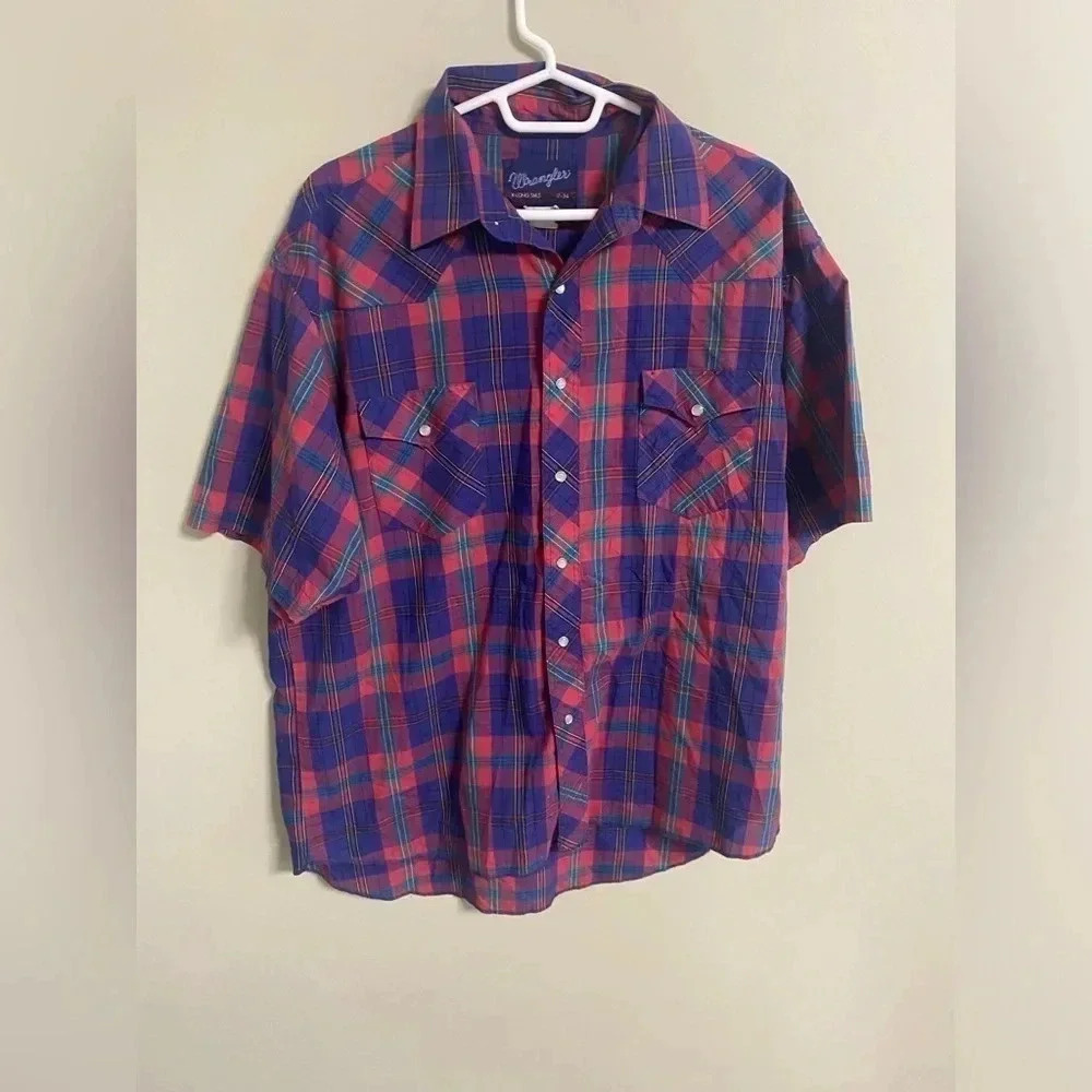 Vintage Wrangler 17-34 Short Sleeve Western Pearl Snap Plaid